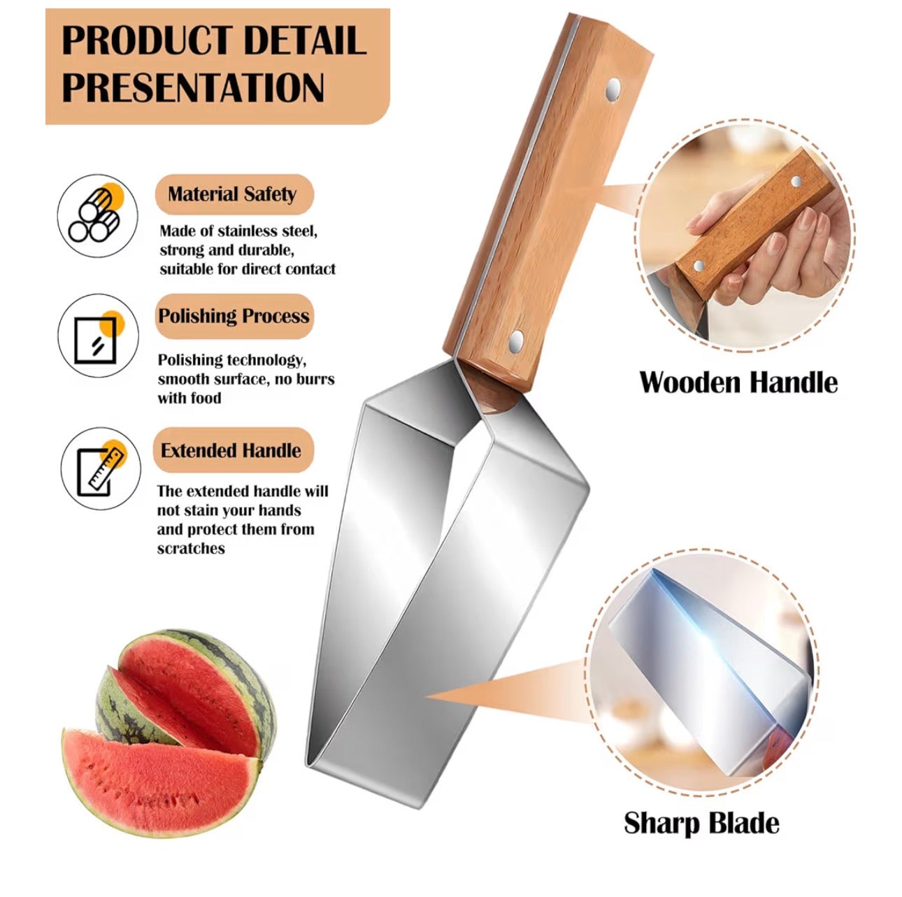 Triangle Watermelon Cutter, Stainless Steel with Wooden Handle - Melon Slicer, Fruit Cutter for Kitchen Gadgets