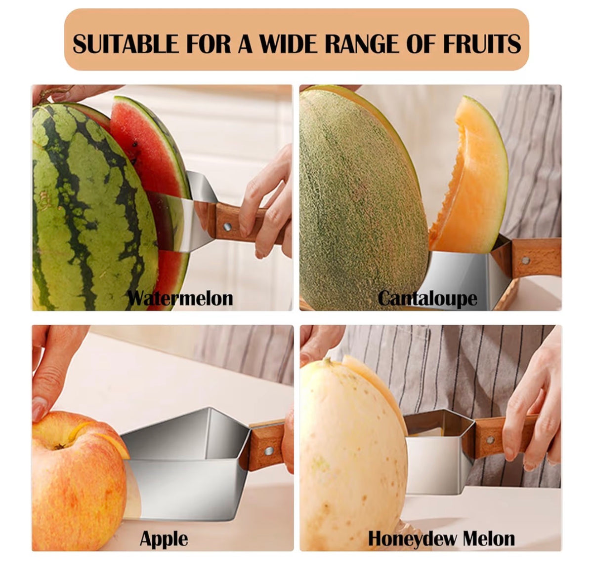 Triangle Watermelon Cutter, Stainless Steel with Wooden Handle - Melon Slicer, Fruit Cutter for Kitchen Gadgets