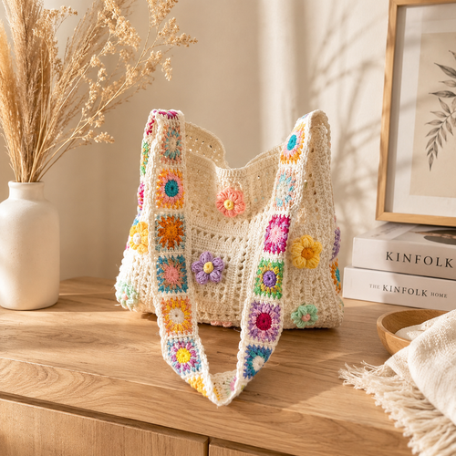Floral Appliques Crochet Tote Bag Hollow Out Knit Shoulder Handbags