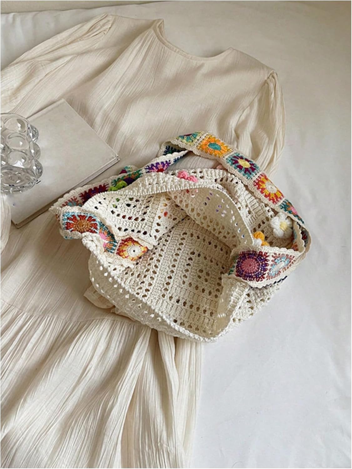 Floral Appliques Crochet Tote Bag Hollow Out Knit Shoulder Handbags