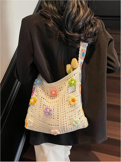 Floral Appliques Crochet Tote Bag Hollow Out Knit Shoulder Handbags