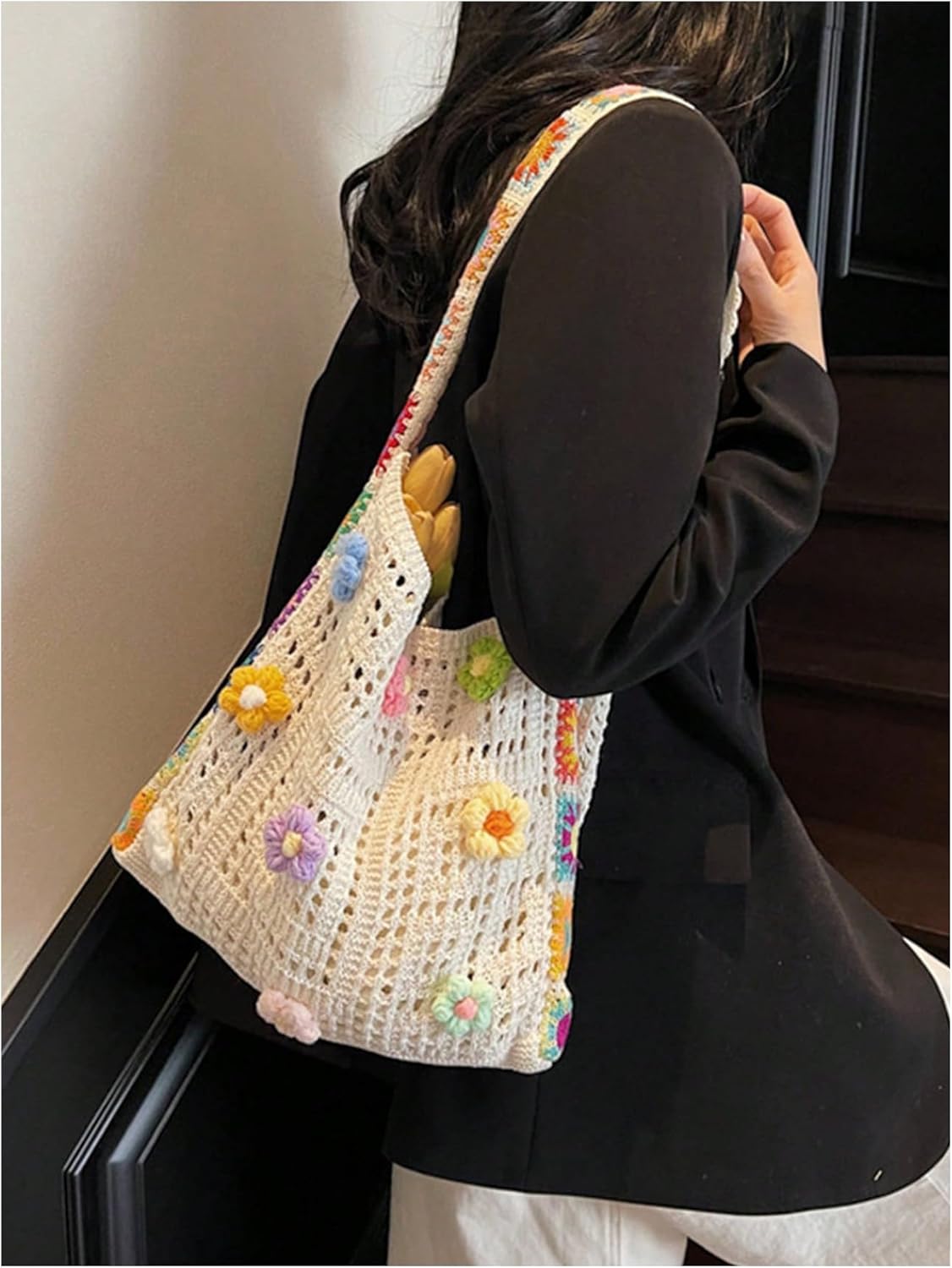 Floral Appliques Crochet Tote Bag Hollow Out Knit Shoulder Handbags