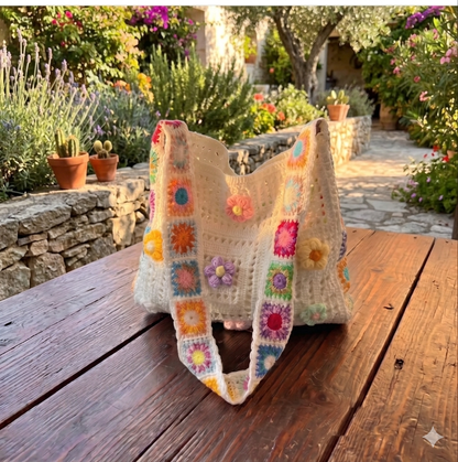 Floral Appliques Crochet Tote Bag Hollow Out Knit Shoulder Handbags
